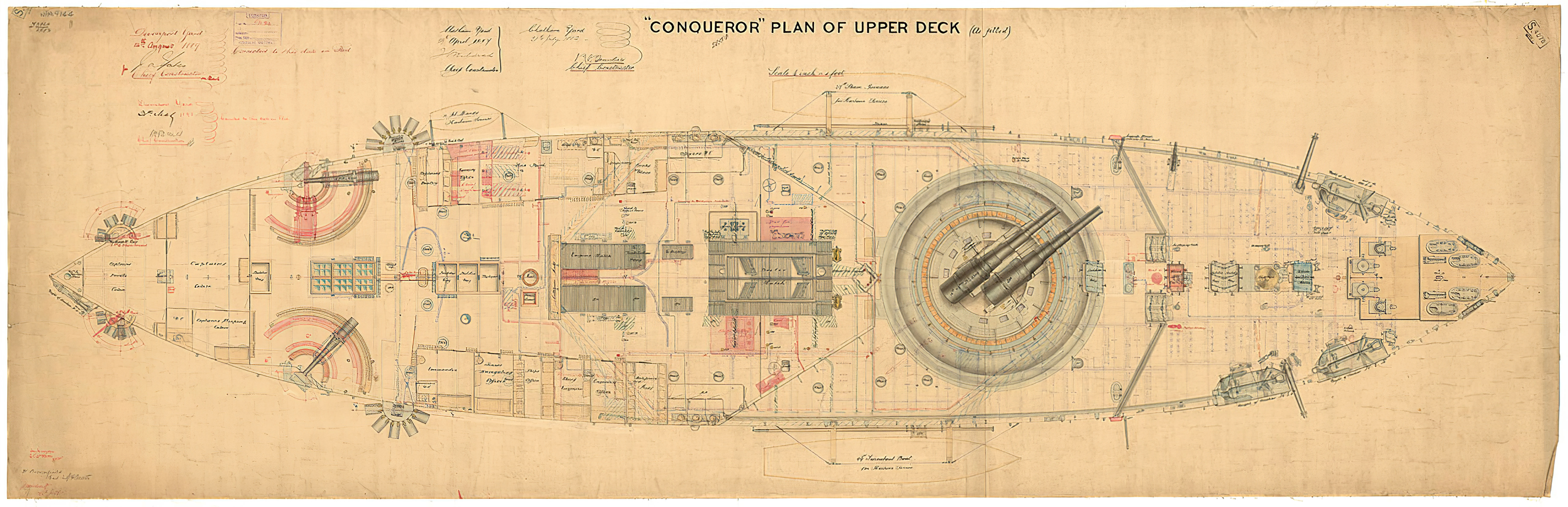 Shipping plan. HMS Conqueror 1881. HMS Deck Plan. Ship Plans (the National Maritime Museum). Royal Museums Greenwich ship Plans.